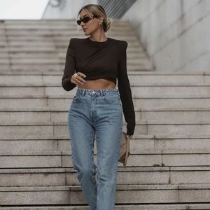 ZARA Brown Draped Shoulder Pad Top M